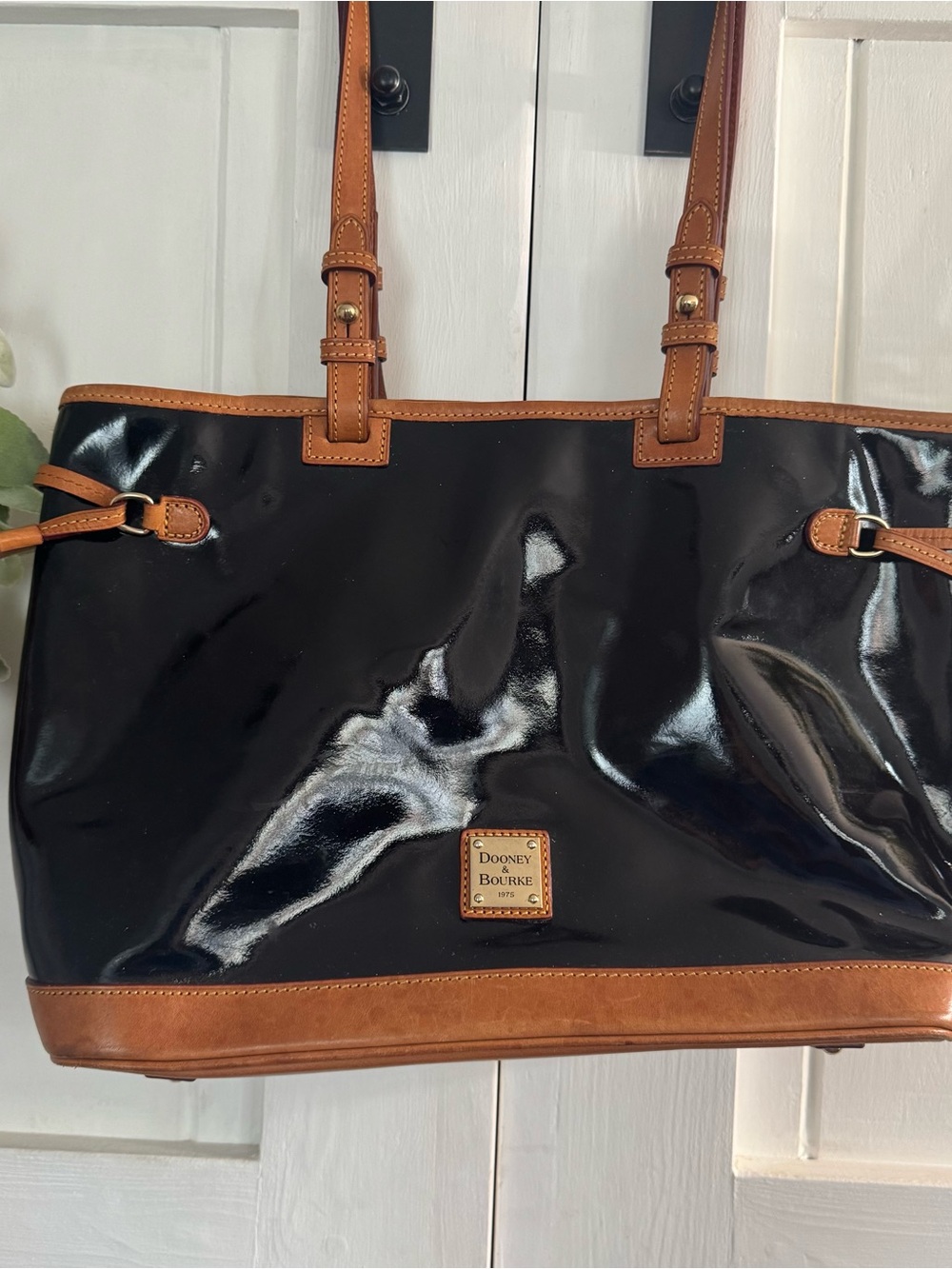 Dooney & Bourke Black Patent Leather Tote with Brown Leather Trim